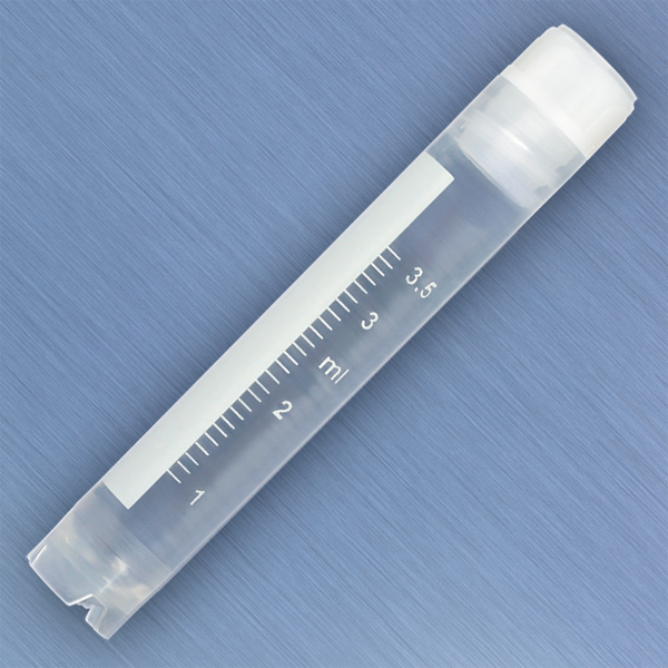 Globe Scientific CryoCLEAR vials, 4.0mL, STERILE, Internal Threads, Attached Screwcap with Co-Molded Thermoplastic Elastomer (TPE) Sealing Layer, Round Bottom, Self-Standing, Printed Graduations, Writing Space and Barcode, 50/Bag Image